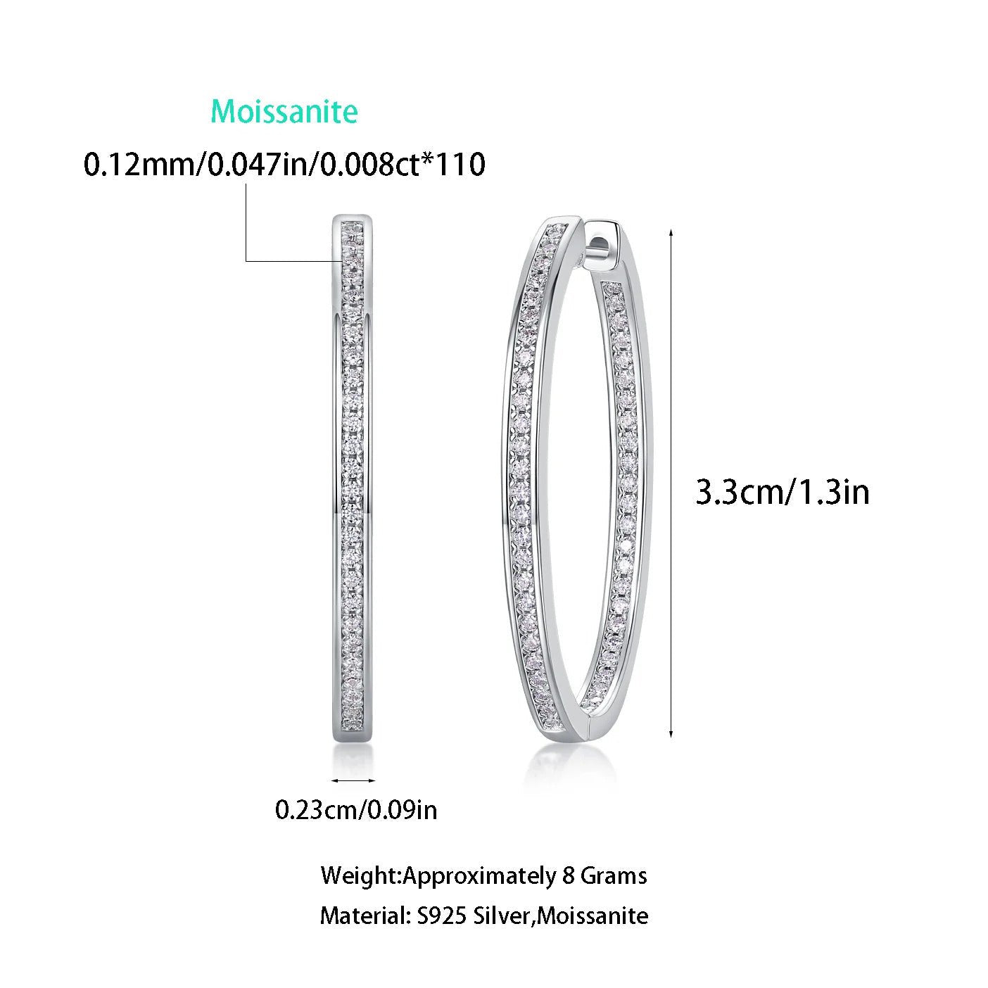 100-Stone Moissanite Large Hoop Earrings | S925 Silver 18K Platinum Plated | 1.2mm VVS1 D-Color | Unisex | GRA Certified | Charmsolo