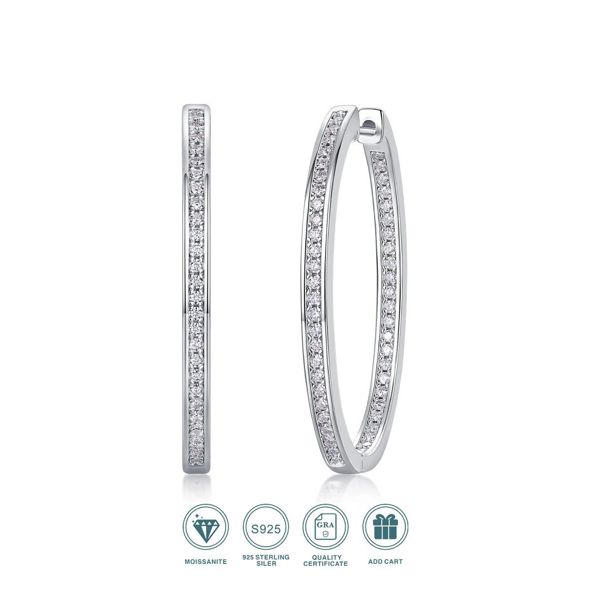 100-Stone Moissanite Large Hoop Earrings | S925 Silver 18K Platinum Plated | 1.2mm VVS1 D-Color | Unisex | GRA Certified | Charmsolo