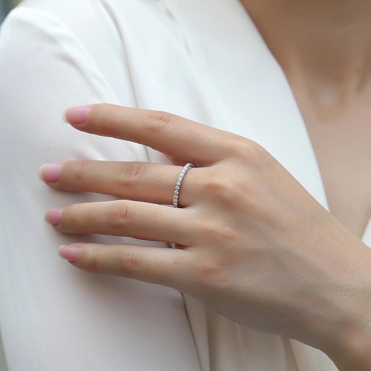 1.7mm Moissanite Eternity Band | S925 Silver Solid 18K White Gold | 34 VVS1 Stones | Charmsolo