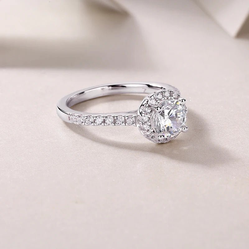 1Ct D Color VVS1 Moissanite Halo & Pavé Ring | 925 Silver 18K White Gold Plated
