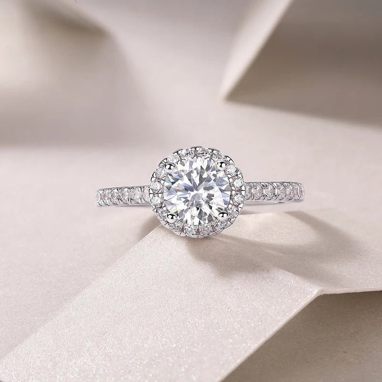1Ct D Color VVS1 Moissanite Halo & Pavé Ring | 925 Silver 18K White Gold Plated