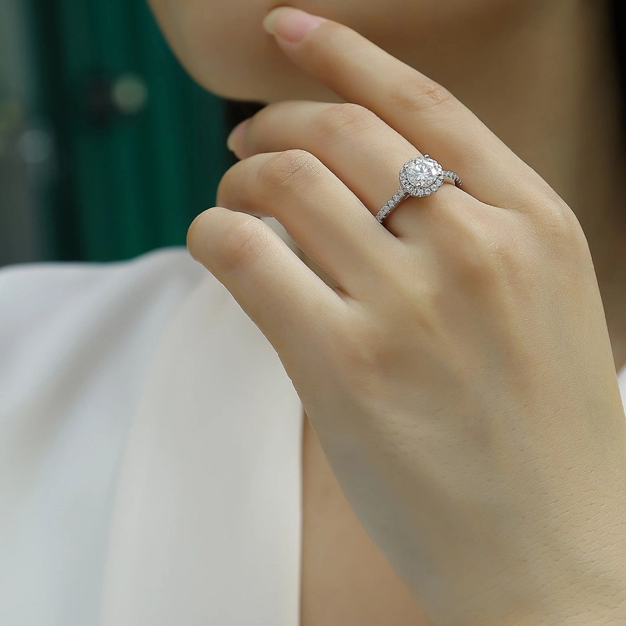 1Ct D Color VVS1 Moissanite Halo & Pavé Ring | 925 Silver 18K White Gold Plated