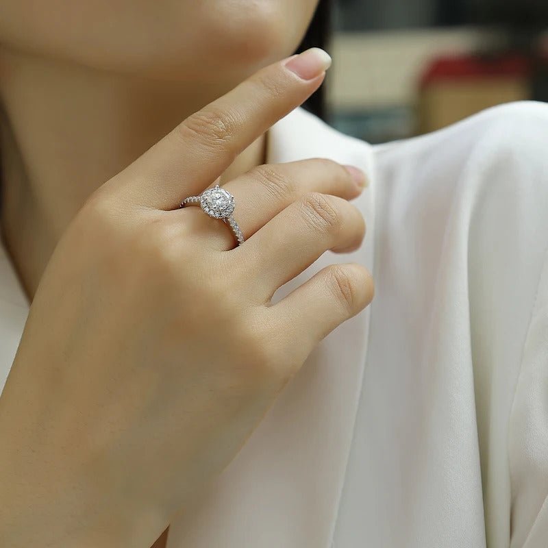 1Ct D Color VVS1 Moissanite Halo & Pavé Ring | 925 Silver 18K White Gold Plated