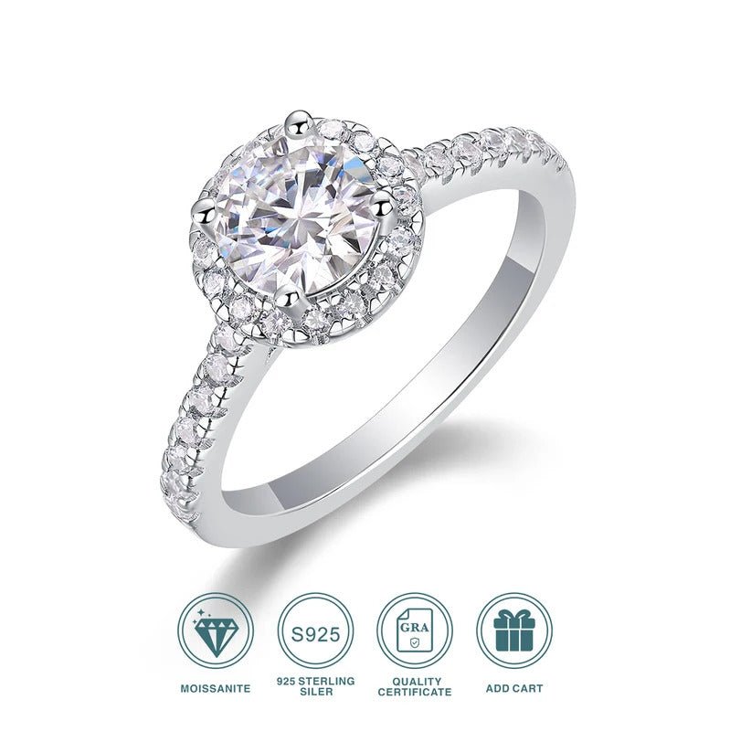 1Ct D Color VVS1 Moissanite Halo & Pavé Ring | 925 Silver 18K White Gold Plated