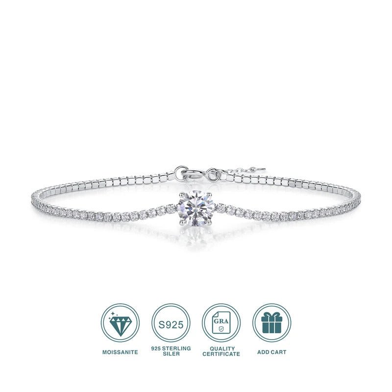 1ct Moissanite 4-Prong Chain Bracelet | S925 Silver 18K Gold Plated | 6.5mm VVS1 D-Color | GRA Certified | Charmsolo