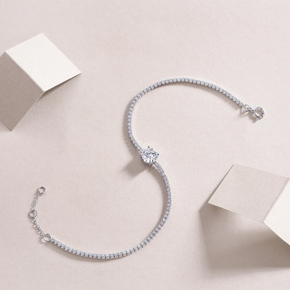1ct Moissanite 4-Prong Chain Bracelet | S925 Silver 18K Gold Plated | 6.5mm VVS1 D-Color | GRA Certified | Charmsolo