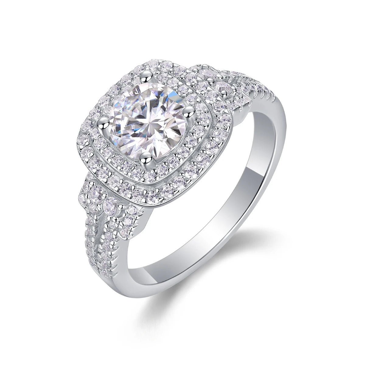 1ct Moissanite Double Halo Split Shank Ring | S925 Silver 18K White Gold Plated | 6.5mm VVS1 D-Color | GRA Certified | Charmsolo