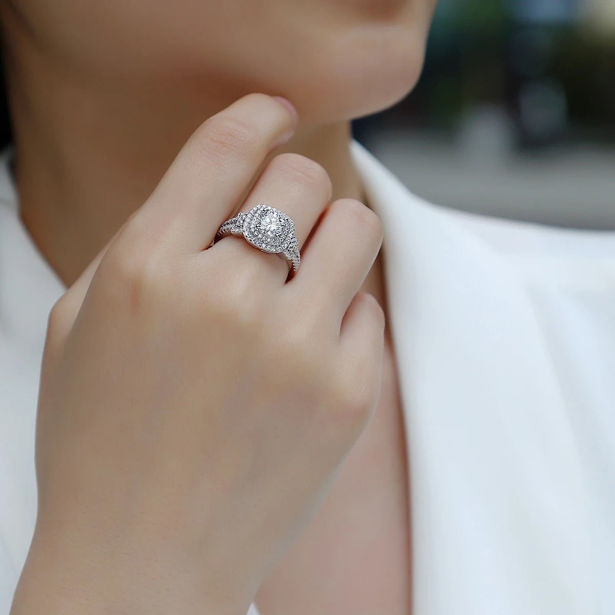 1ct Moissanite Double Halo Split Shank Ring | S925 Silver 18K White Gold Plated | 6.5mm VVS1 D-Color | GRA Certified | Charmsolo