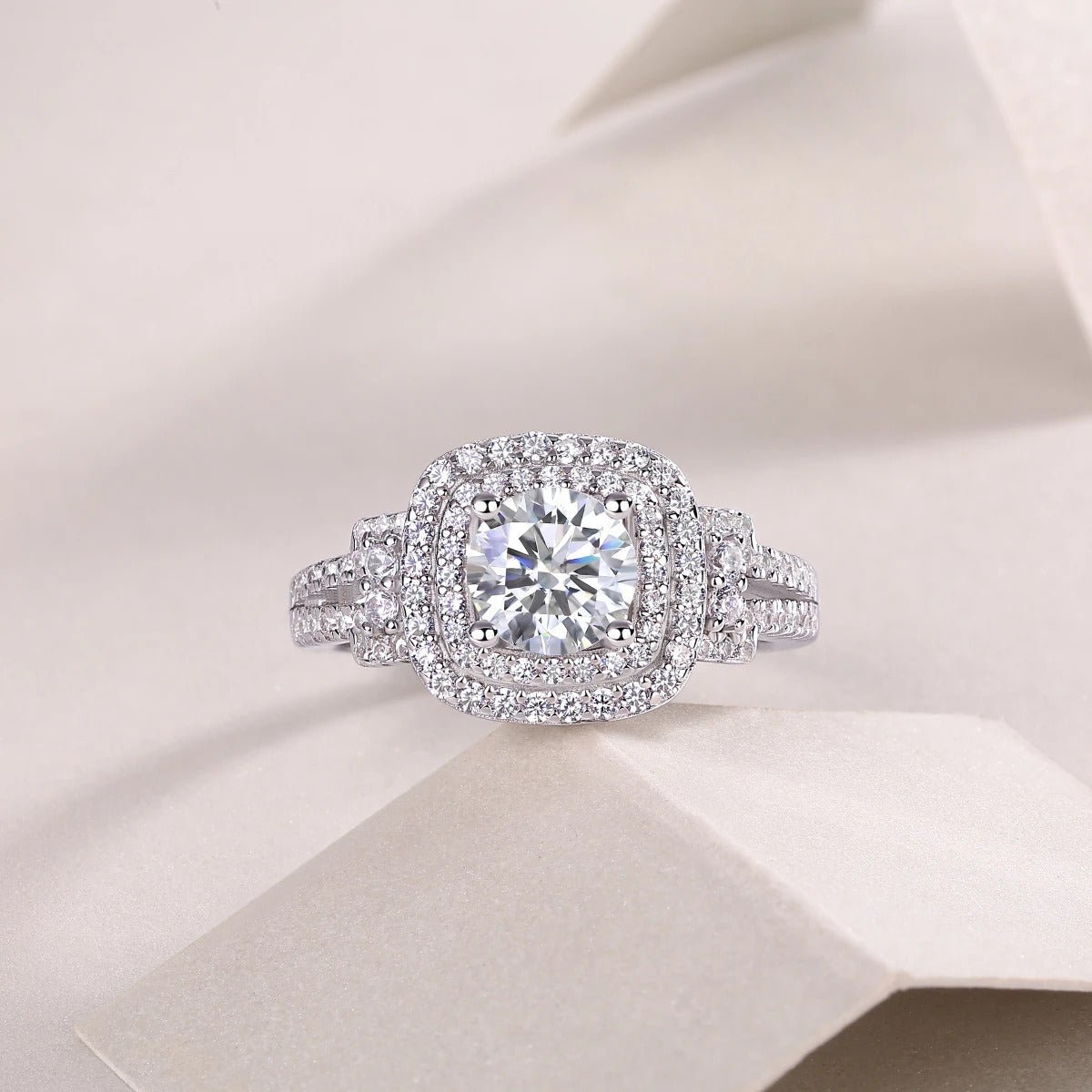 1ct Moissanite Double Halo Split Shank Ring | S925 Silver 18K White Gold Plated | 6.5mm VVS1 D-Color | GRA Certified | Charmsolo