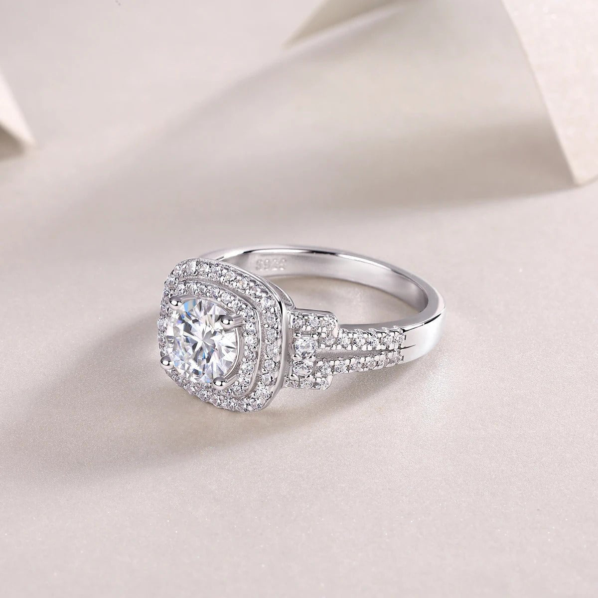 1ct Moissanite Double Halo Split Shank Ring | S925 Silver 18K White Gold Plated | 6.5mm VVS1 D-Color | GRA Certified | Charmsolo