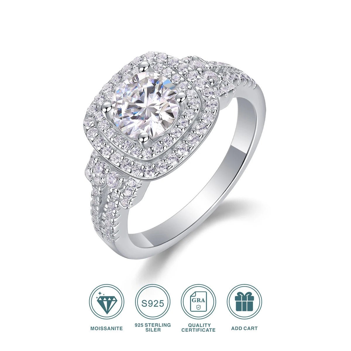 1ct Moissanite Double Halo Split Shank Ring | S925 Silver 18K White Gold Plated | 6.5mm VVS1 D-Color | GRA Certified | Charmsolo