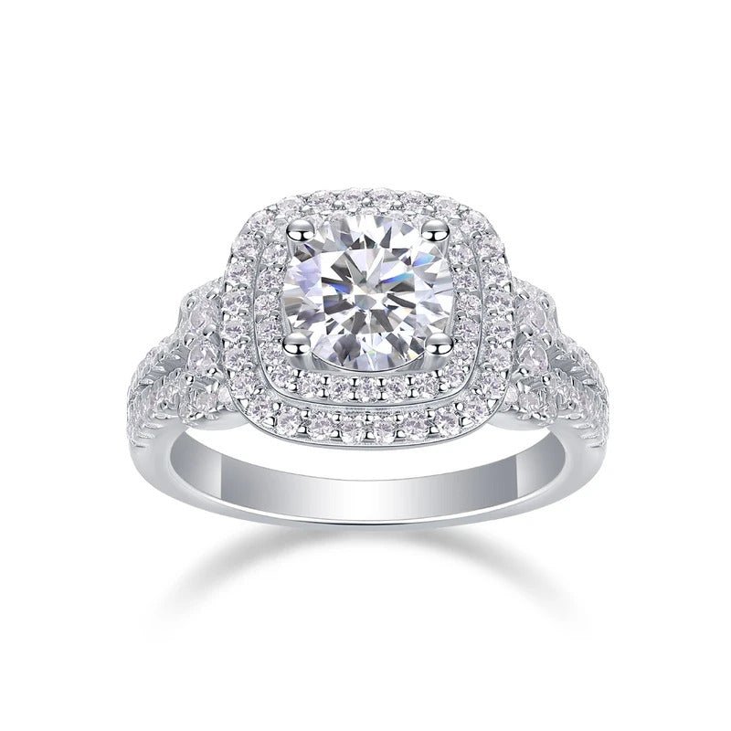 1ct Moissanite Double Halo Split Shank Ring | S925 Silver 18K White Gold Plated | 6.5mm VVS1 D-Color | GRA Certified | Charmsolo
