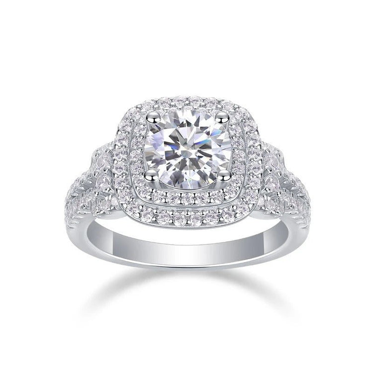 1ct Moissanite Double Halo Split Shank Ring | S925 Silver 18K White Gold Plated | 6.5mm VVS1 D-Color | GRA Certified | Charmsolo
