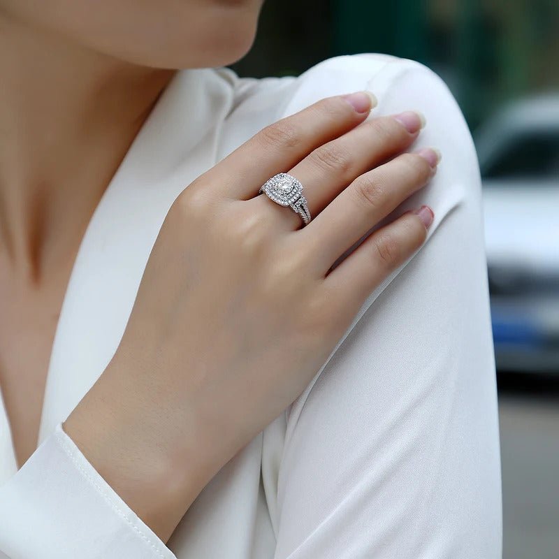 1ct Moissanite Double Halo Split Shank Ring | S925 Silver 18K White Gold Plated | 6.5mm VVS1 D-Color | GRA Certified | Charmsolo