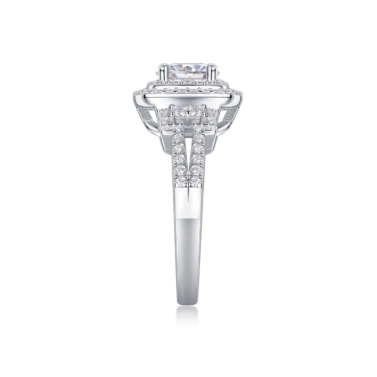 1ct Moissanite Double Halo Split Shank Ring | S925 Silver 18K White Gold Plated | 6.5mm VVS1 D-Color | GRA Certified | Charmsolo