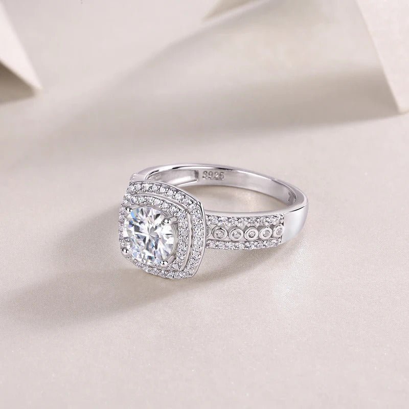 1Ct Moissanite Double Halo Wedding Ring | S925 Silver 18K White Gold Plated | Charmsolo