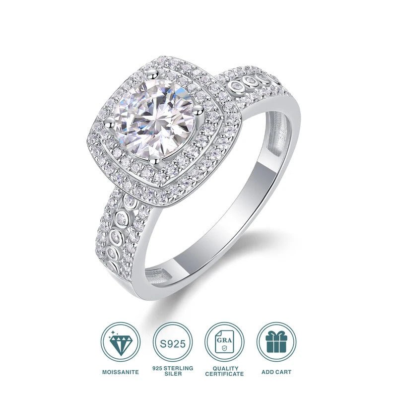 1Ct Moissanite Double Halo Wedding Ring | S925 Silver 18K White Gold Plated | Charmsolo