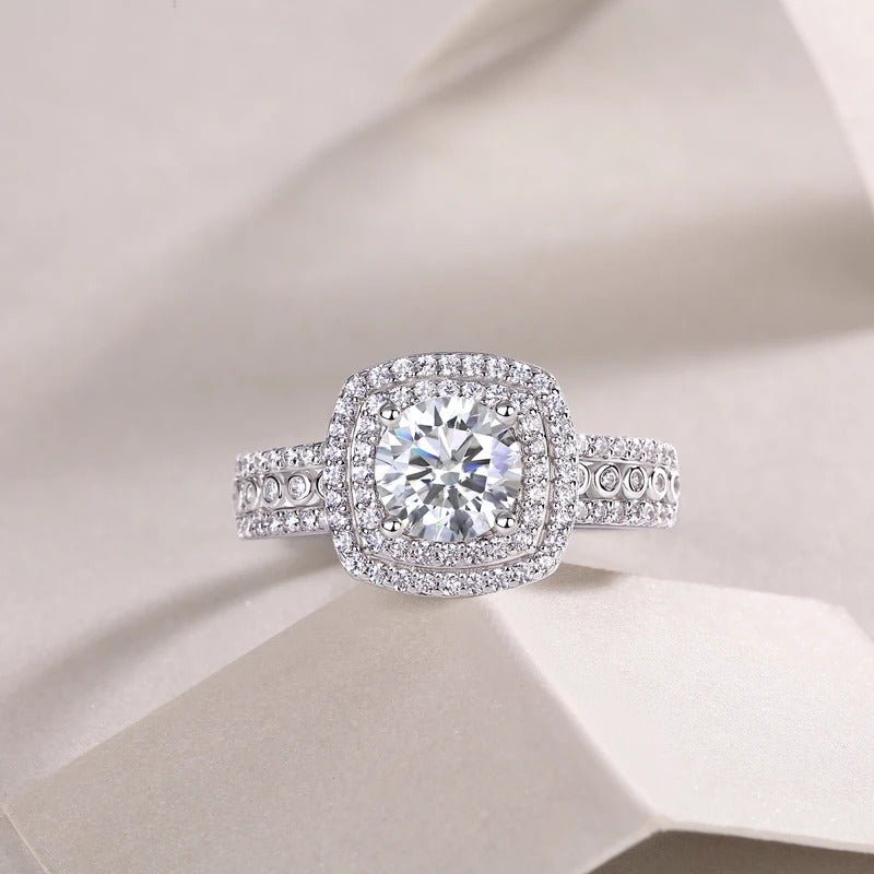 1Ct Moissanite Double Halo Wedding Ring | S925 Silver 18K White Gold Plated | Charmsolo