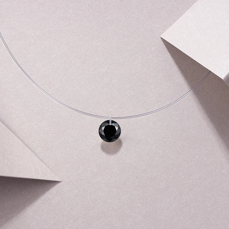 2ct Black Moissanite Invisible Wire Necklace | S925 Silver | 8mm Pendant | Minimalist Daily Wear | GRA Certified | Charmsolo