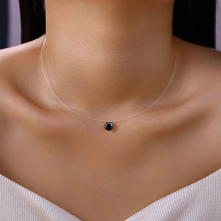 2ct Black Moissanite Invisible Wire Necklace | S925 Silver | 8mm Pendant | Minimalist Daily Wear | GRA Certified | Charmsolo