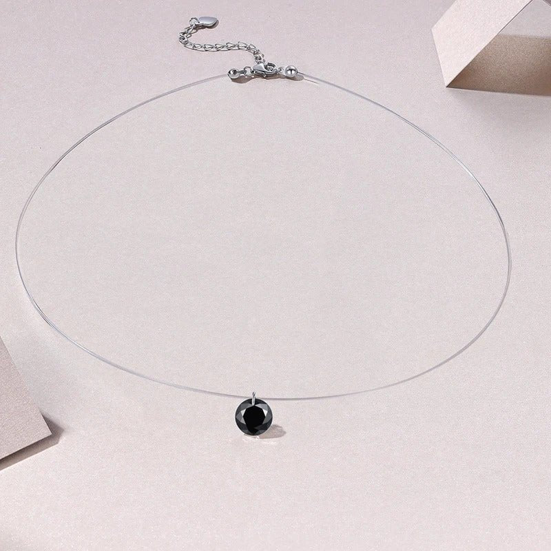 2ct Black Moissanite Invisible Wire Necklace | S925 Silver | 8mm Pendant | Minimalist Daily Wear | GRA Certified | Charmsolo