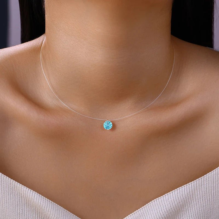 2ct Blue Topaz Invisible Transparent Thread Necklace | S925 Silver | 8mm Round Pendant | Minimalist Daily Wear | GDTC Certified | Charmsolo
