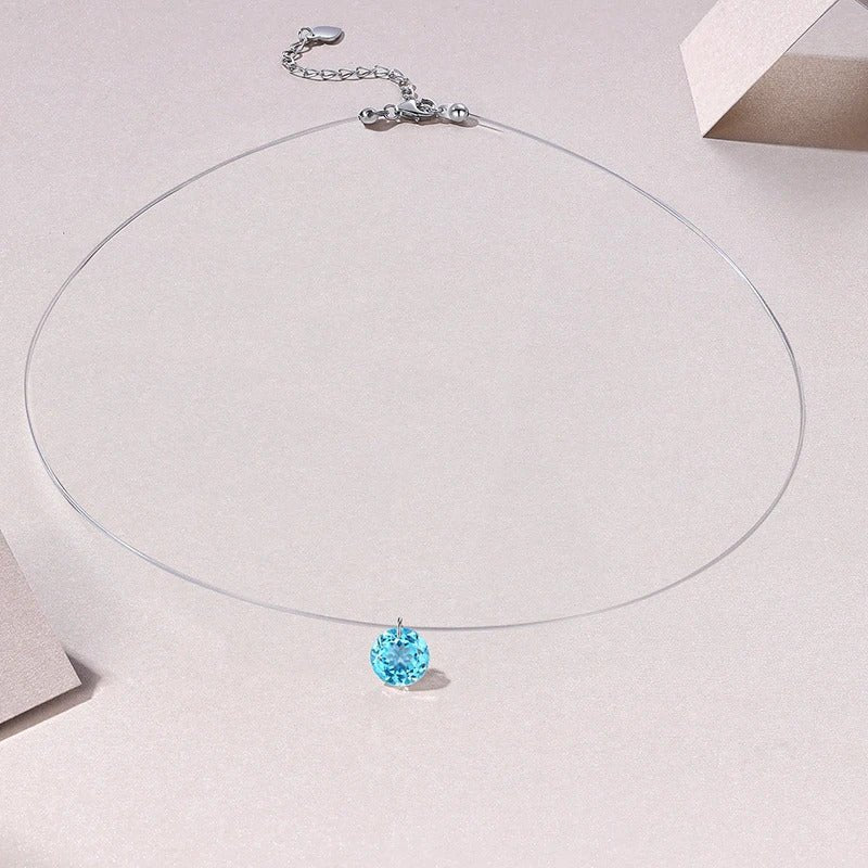 2ct Blue Topaz Invisible Transparent Thread Necklace | S925 Silver | 8mm Round Pendant | Minimalist Daily Wear | GDTC Certified | Charmsolo