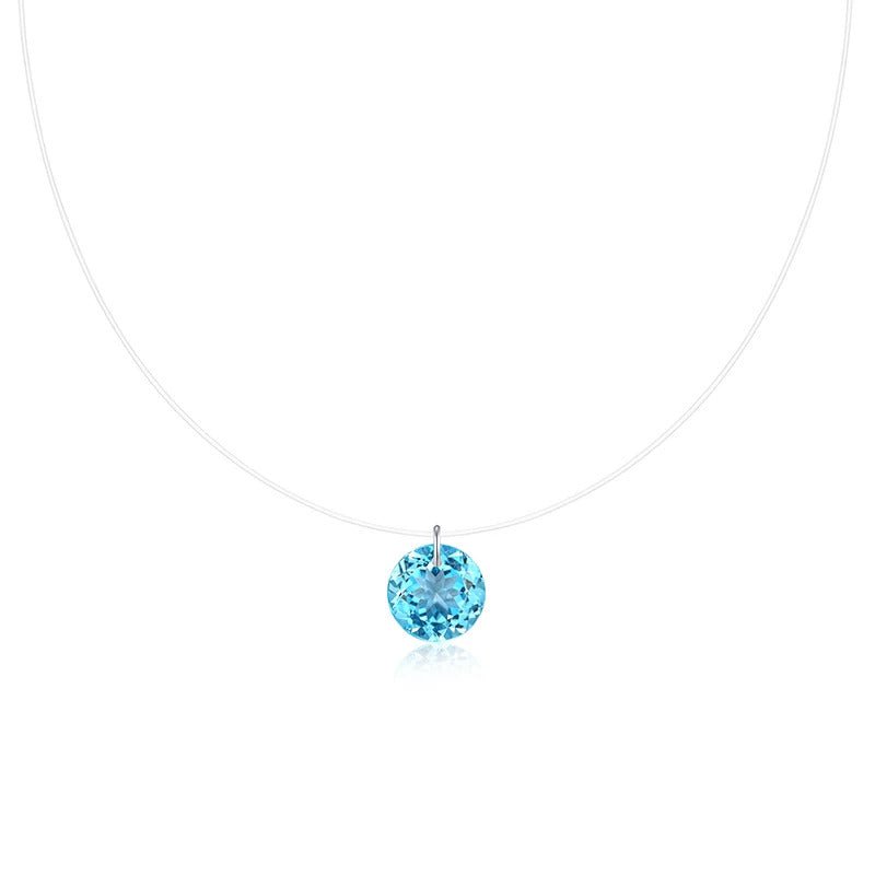 2ct Blue Topaz Invisible Transparent Thread Necklace | S925 Silver | 8mm Round Pendant | Minimalist Daily Wear | GDTC Certified | Charmsolo