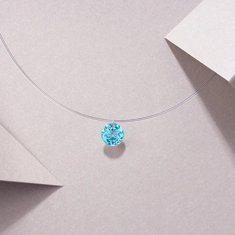 2ct Blue Topaz Invisible Transparent Thread Necklace | S925 Silver | 8mm Round Pendant | Minimalist Daily Wear | GDTC Certified | Charmsolo