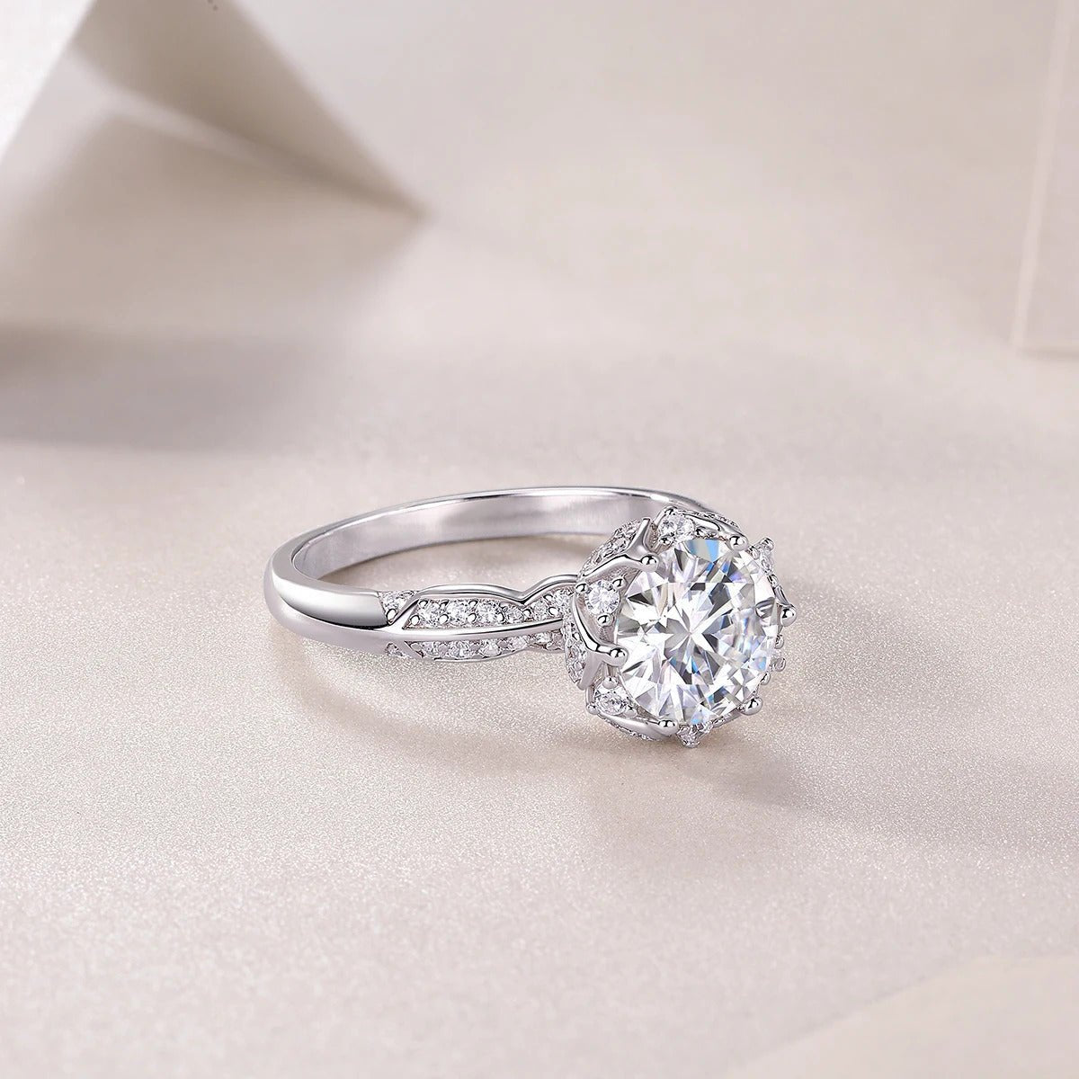 2ct Moissanite Floral Halo Ring | S925 Silver 18K Gold Plated | CZ Halo