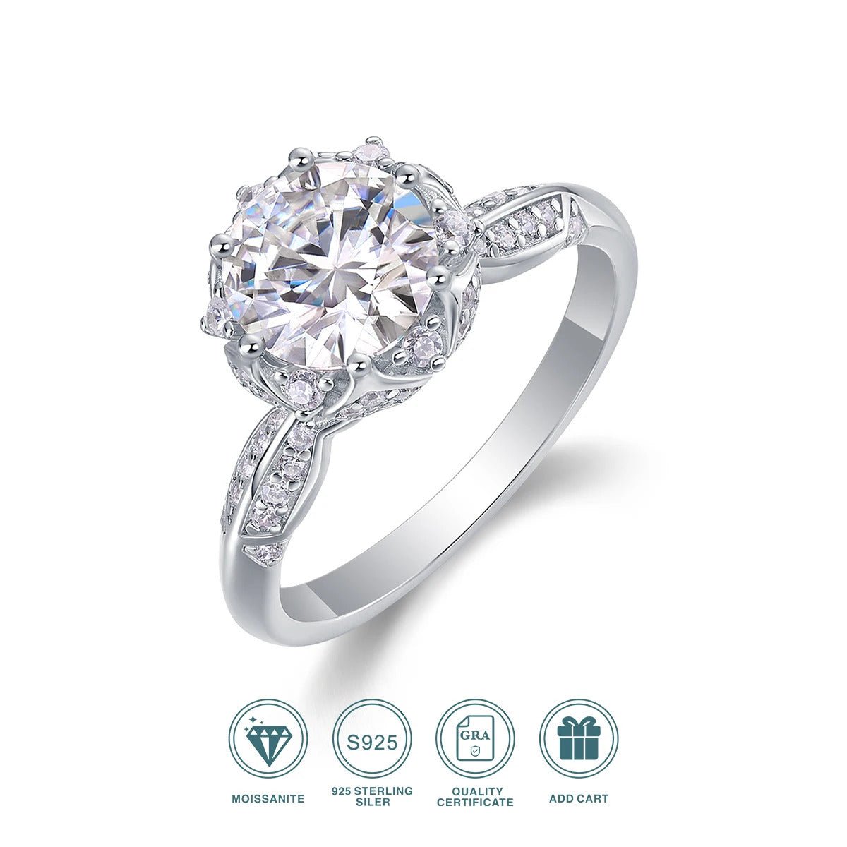 2ct Moissanite Floral Halo Ring | S925 Silver 18K Gold Plated | CZ Halo
