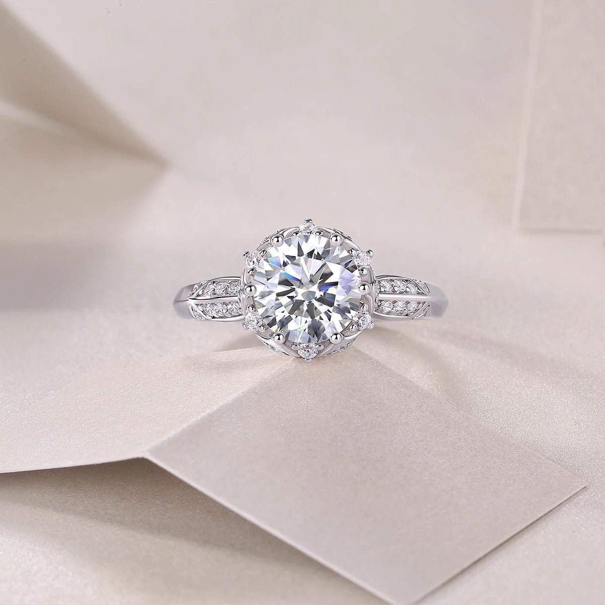 2ct Moissanite Floral Halo Ring | S925 Silver 18K Gold Plated | CZ Halo