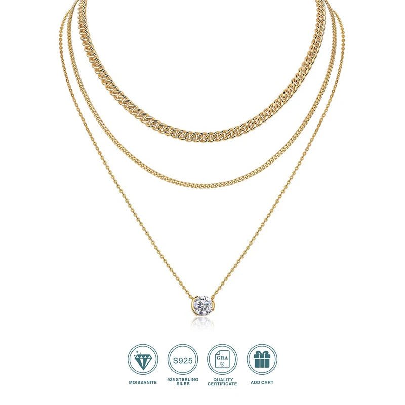 3ct Moissanite Multi-Layer Corn Chain Necklace Set | S925 Silver 18K Gold Plated | 9mm VVS1 D-Color | Heart & Bow | GRA Certified | Charmsolo