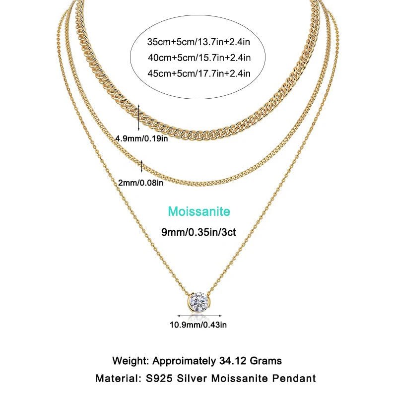 3ct Moissanite Multi-Layer Corn Chain Necklace Set | S925 Silver 18K Gold Plated | 9mm VVS1 D-Color | Heart & Bow | GRA Certified | Charmsolo