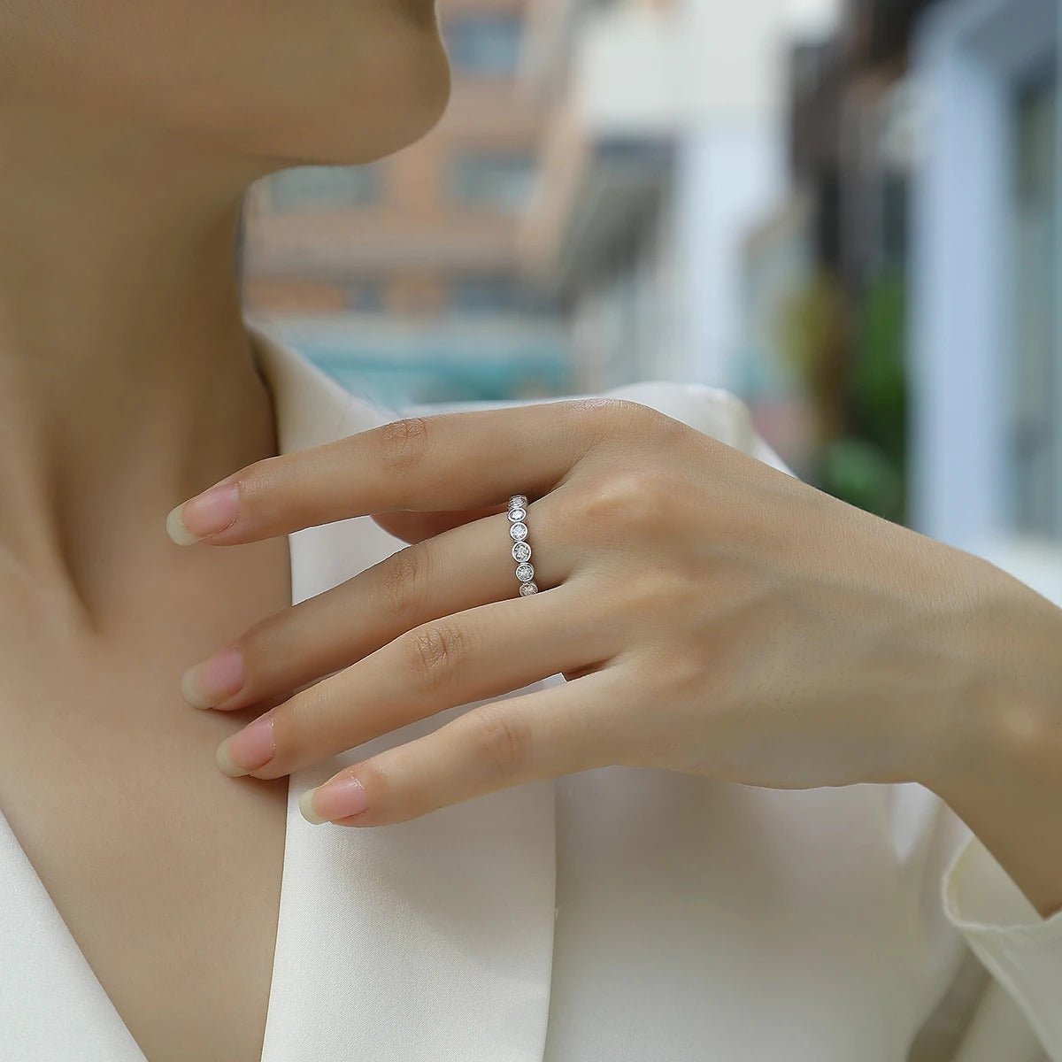 Moissanite Full Eternity Row Ring 925 Silver 18K Gold – 3mm Bezel Set | Charmsolo