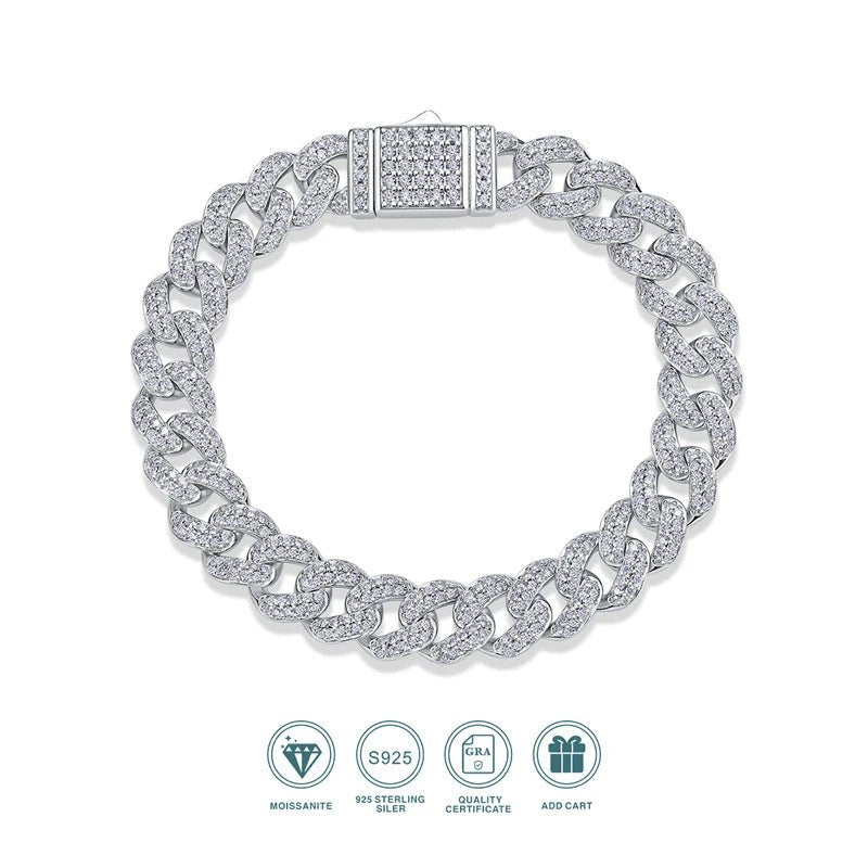 581-Stone Moissanite Cuban Chain Bracelet | S925 Silver 18K Gold Plated | 1.2–1.6mm VVS1 D-Color Eight Hearts & Arrows | Unisex | GRA Certified | Charmsolo
