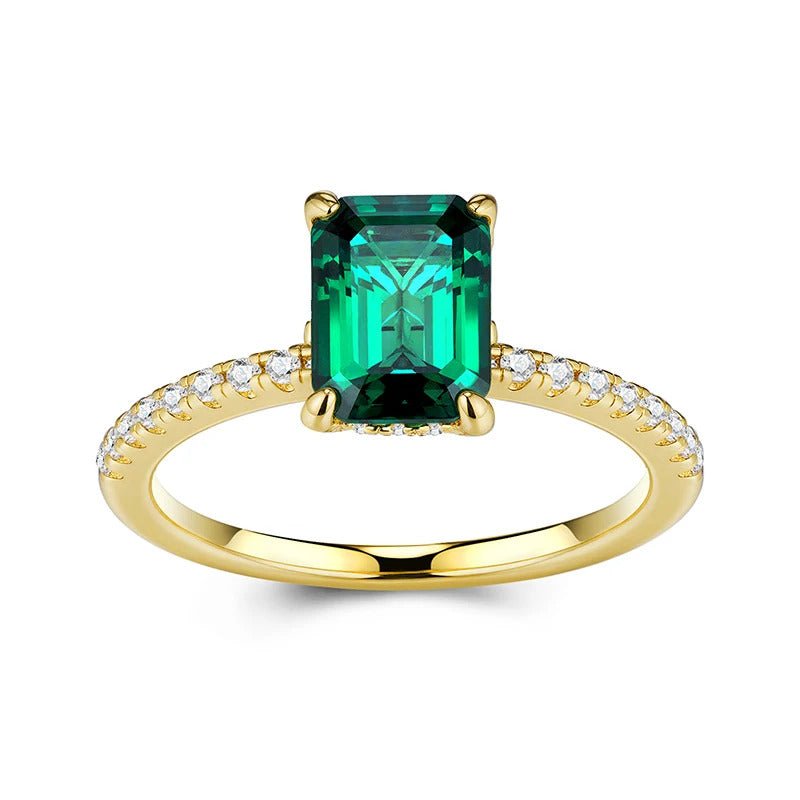 6×8mm Lab Emerald & Moissanite Vintage Ring | S925 Silver 18K Gold Plated | Octagon Prong Setting | 32 Pavé Stones | GRA Certified | Charmsolo