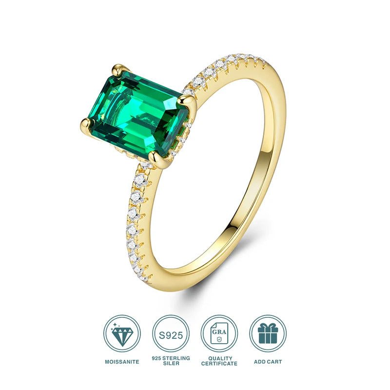 6×8mm Lab Emerald & Moissanite Vintage Ring | S925 Silver 18K Gold Plated | Octagon Prong Setting | 32 Pavé Stones | GRA Certified | Charmsolo