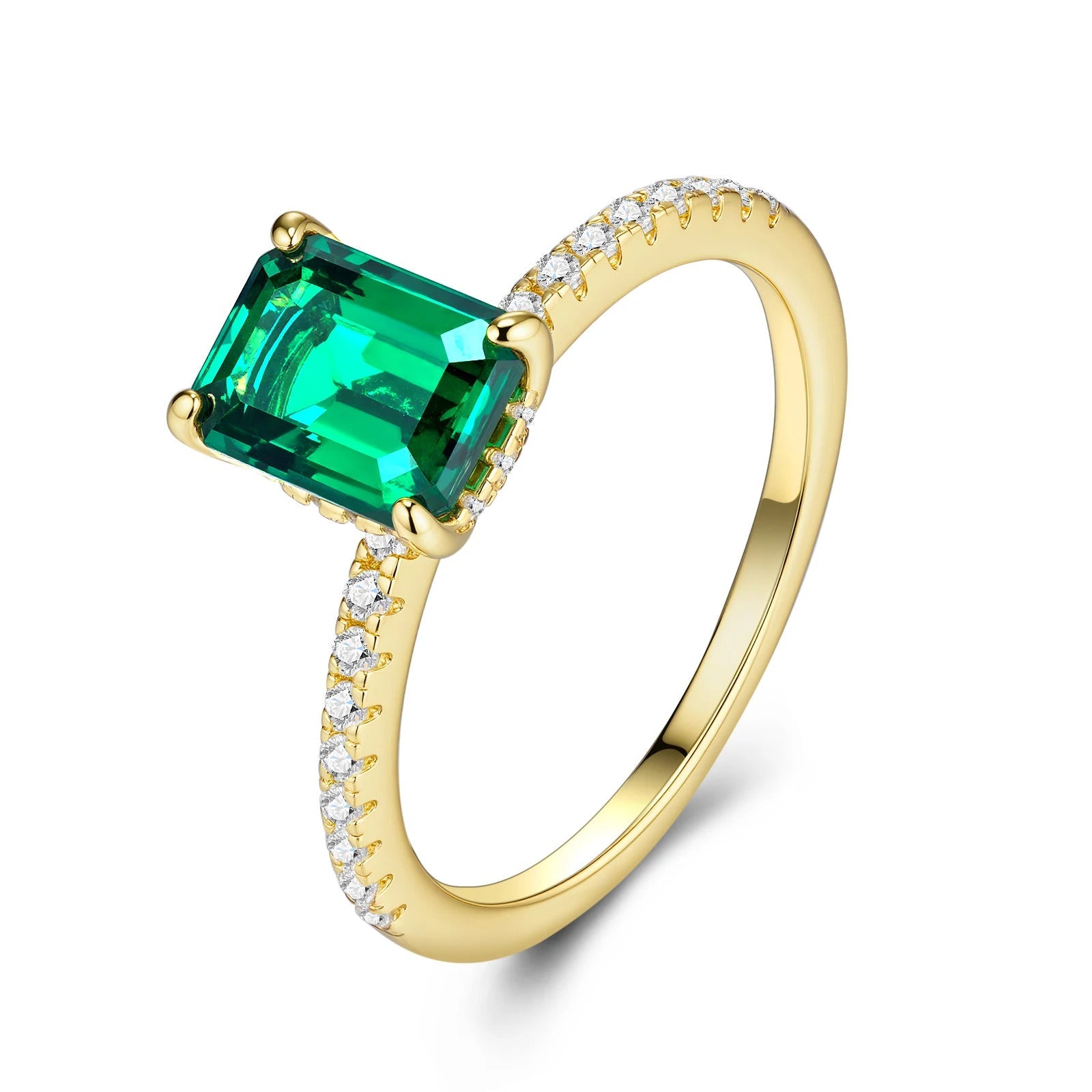 6×8mm Lab Emerald & Moissanite Vintage Ring | S925 Silver 18K Gold Plated | Octagon Prong Setting | 32 Pavé Stones | GRA Certified | Charmsolo