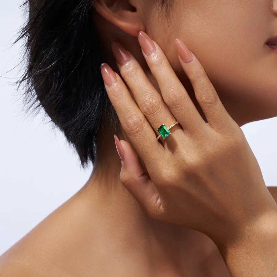 6×8mm Lab Emerald & Moissanite Vintage Ring | S925 Silver 18K Gold Plated | Octagon Prong Setting | 32 Pavé Stones | GRA Certified | Charmsolo