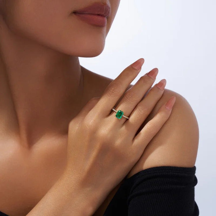 6×8mm Lab Emerald & Moissanite Vintage Ring | S925 Silver 18K Gold Plated | Octagon Prong Setting | 32 Pavé Stones | GRA Certified | Charmsolo