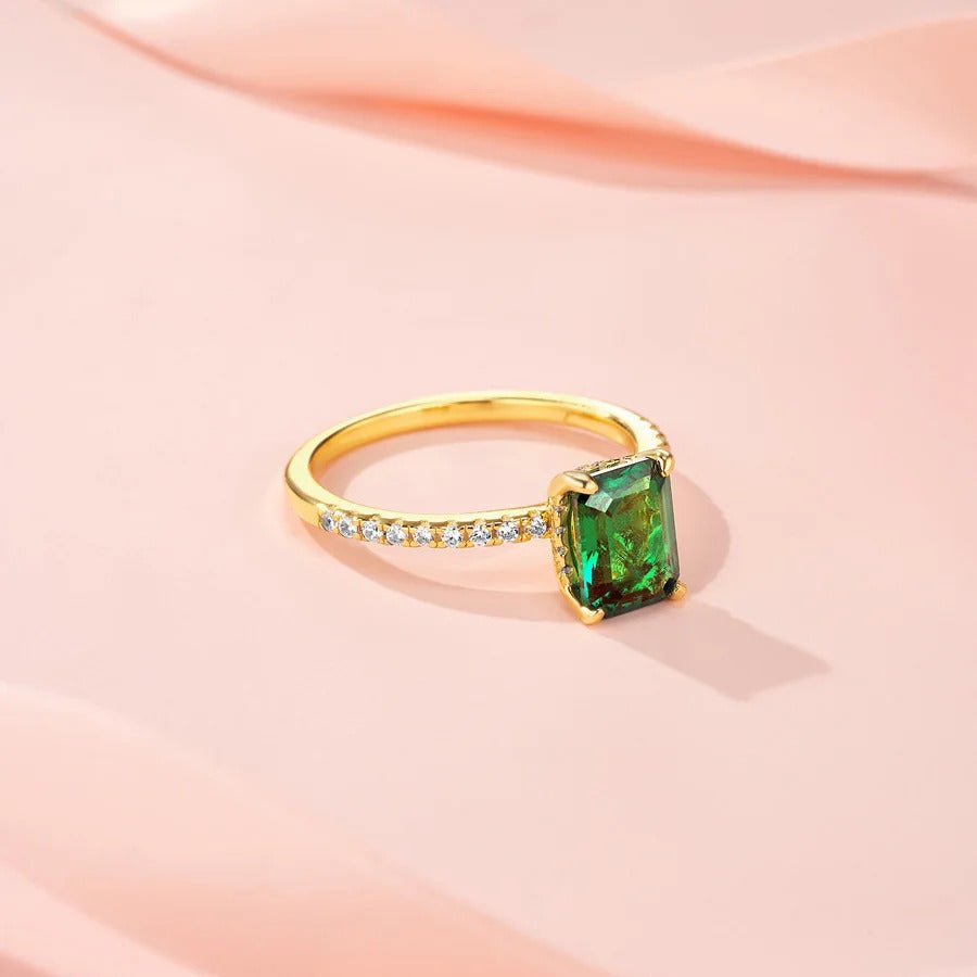 6×8mm Lab Emerald & Moissanite Vintage Ring | S925 Silver 18K Gold Plated | Octagon Prong Setting | 32 Pavé Stones | GRA Certified | Charmsolo