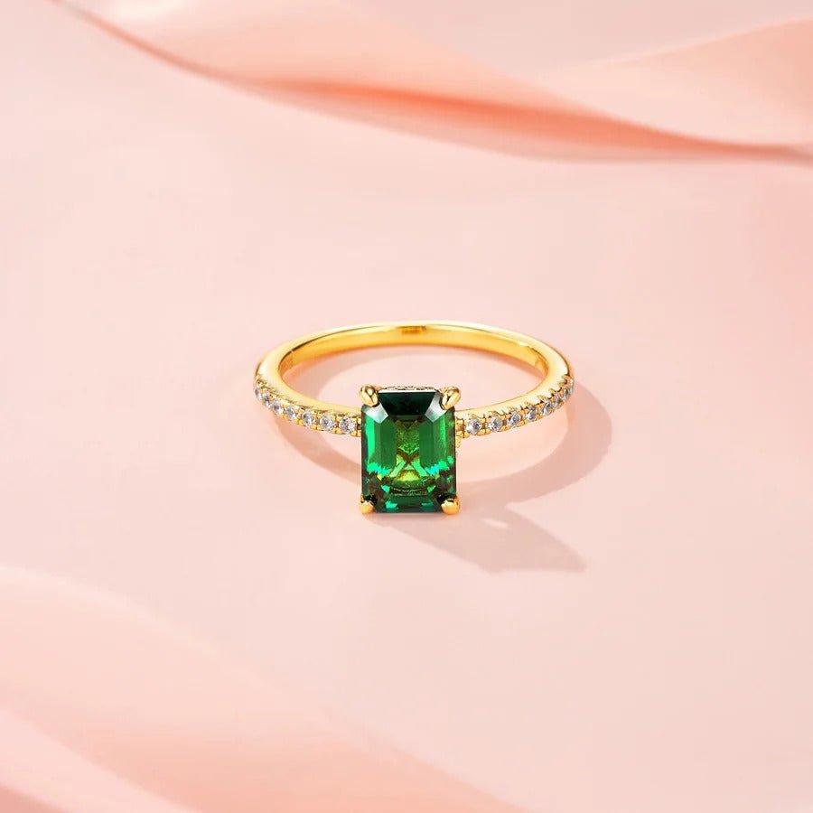 6×8mm Lab Emerald & Moissanite Vintage Ring | S925 Silver 18K Gold Plated | Octagon Prong Setting | 32 Pavé Stones | GRA Certified | Charmsolo