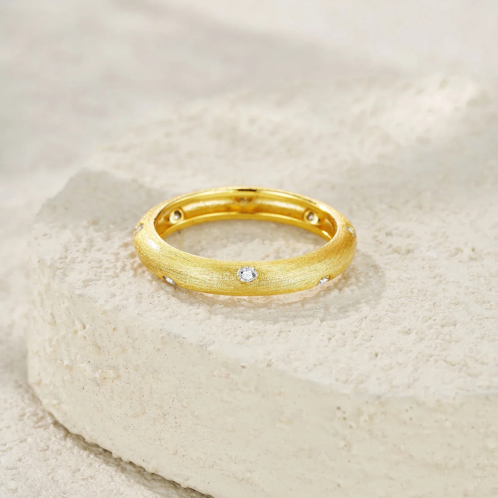 8-Stone Moissanite Brushed Bezel Ring | S925 Silver 18K Gold Plated | 1.8mm VVS1 D-Color | Matte Finish | GRA Certified | Charmsolo