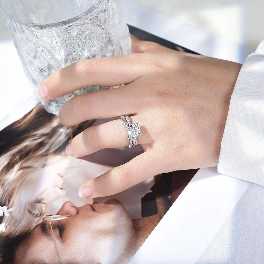 Moissanite Ring Set 2pcs 925 Silver – 1ct VVS1 D Color 18K White Gold Wedding Eternity Band