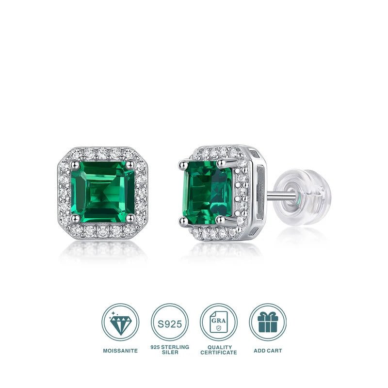 Emerald & Moissanite Stud Earrings 925 Silver – 6×6mm Octagonal Lab Emerald | Charmsolo