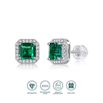Emerald & Moissanite Stud Earrings 925 Silver – 6×6mm Octagonal Lab Emerald | Charmsolo