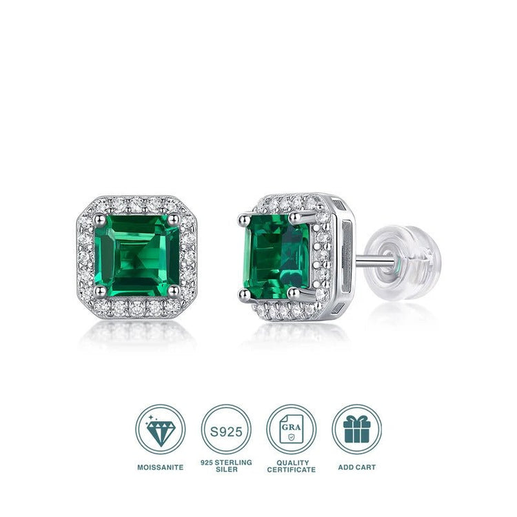 Emerald & Moissanite Stud Earrings 925 Silver – 6×6mm Octagonal Lab Emerald | Charmsolo