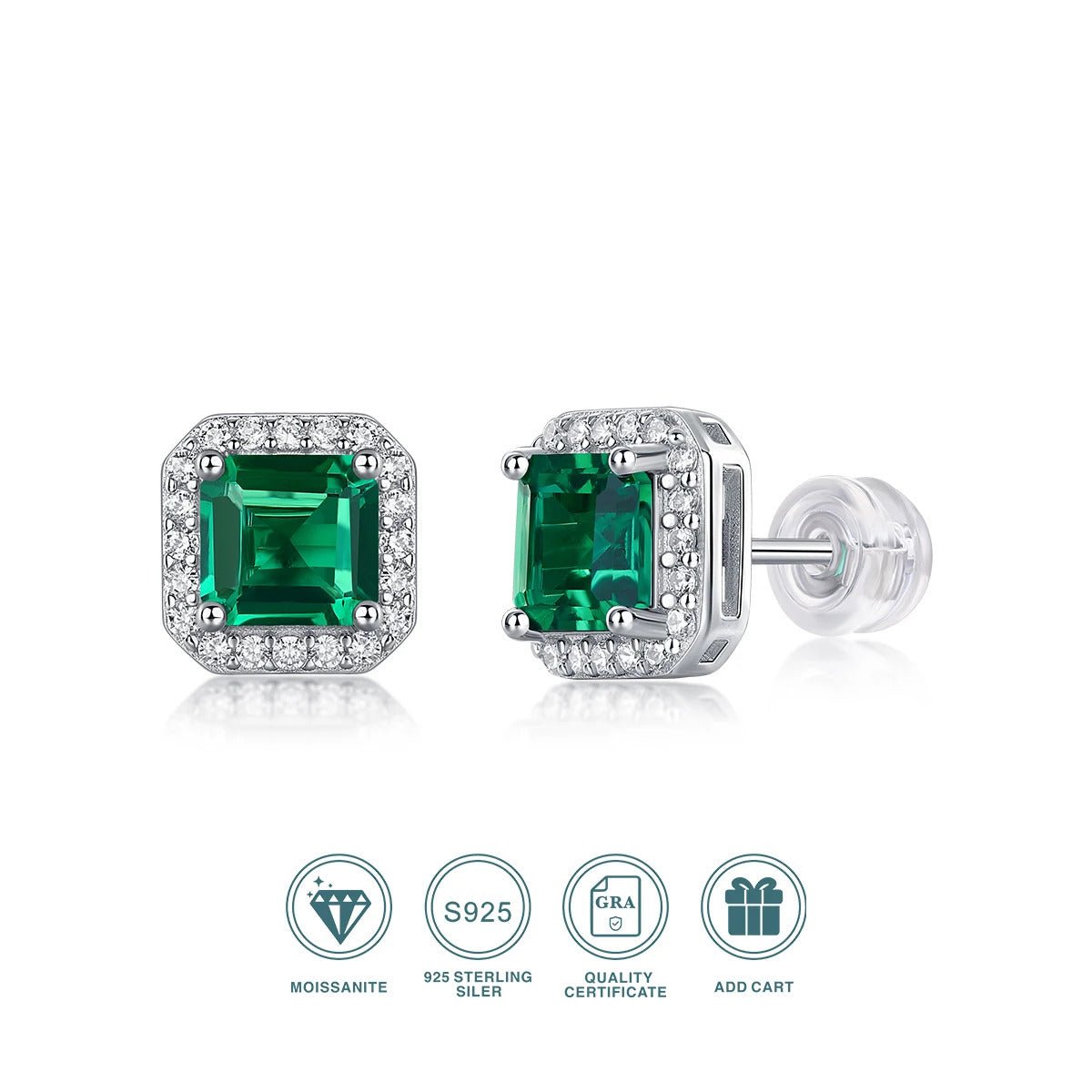 Emerald & Moissanite Stud Earrings 925 Silver – 6×6mm Octagonal Lab Emerald | Charmsolo
