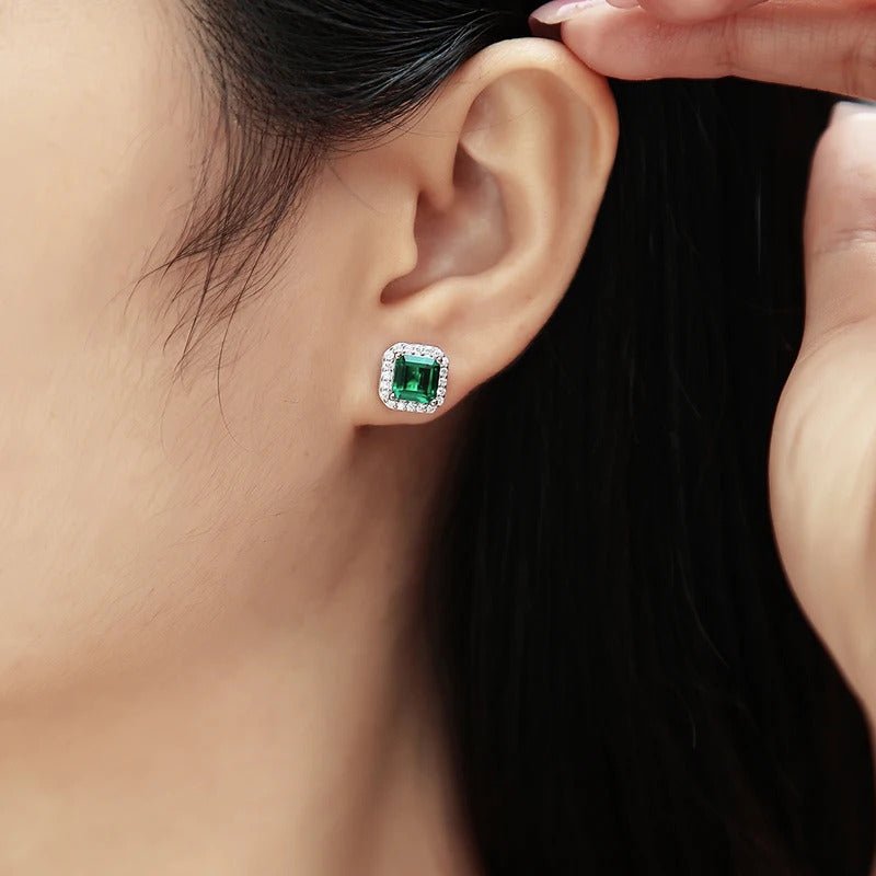 Emerald & Moissanite Stud Earrings 925 Silver – 6×6mm Octagonal Lab Emerald | Charmsolo